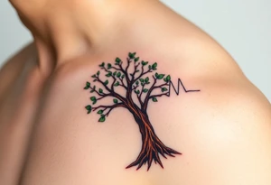 A heartbeat line flowing into a tree silhouette, with green leaves and brown bark, symbolizing the growth and strength of love tattoo idea