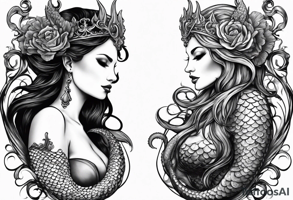 Big Side profile mermaid with trident & horns, crown looking at evil seahorse face to face. Tattoos on skin and scales showing, octopus tentacles wrapped around. Half arm tattoo tattoo idea