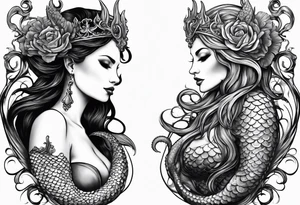 Big Side profile mermaid with trident & horns, crown looking at evil seahorse face to face. Tattoos on skin and scales showing, octopus tentacles wrapped around. Half arm tattoo tattoo idea