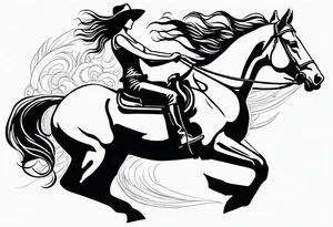 cowgirl with long hair on the back of galloping stallion. She is holding her cowboy hat on her head with one hand and the reins with the other hand. Stallion galloping really fast. tattoo idea