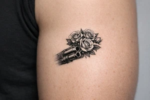 A bouquet of roses bursting from the barrel of a shotgun. tattoo idea