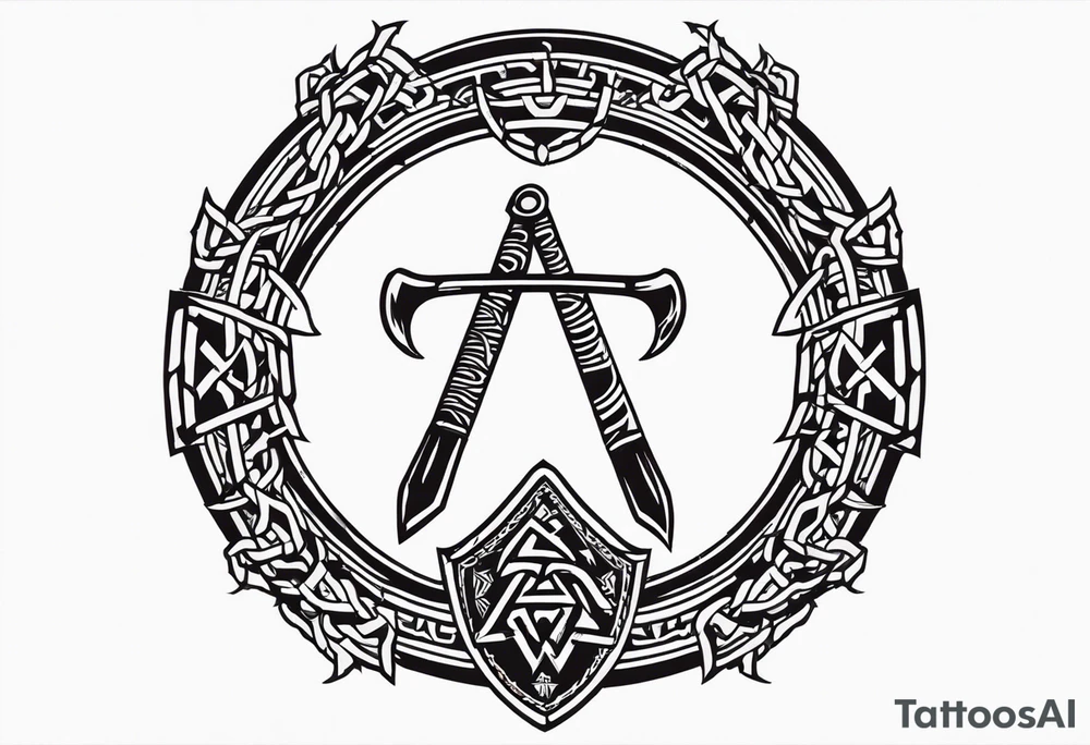 Valhalla sword shield dragon axe Valknut barbed wire chains tattoo idea Valhalla sword shield dragon axe Valknut barbed wire chains tattoo idea