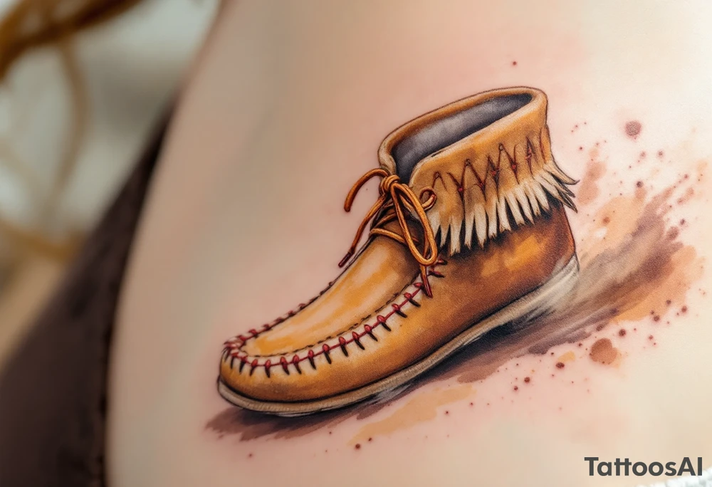 A brown moccasin print with red stitching details, walking across a dusty trail. tattoo idea