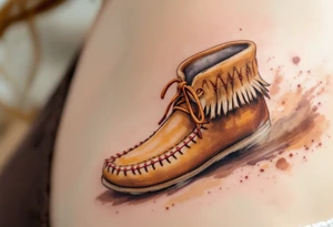 A brown moccasin print with red stitching details, walking across a dusty trail. tattoo idea