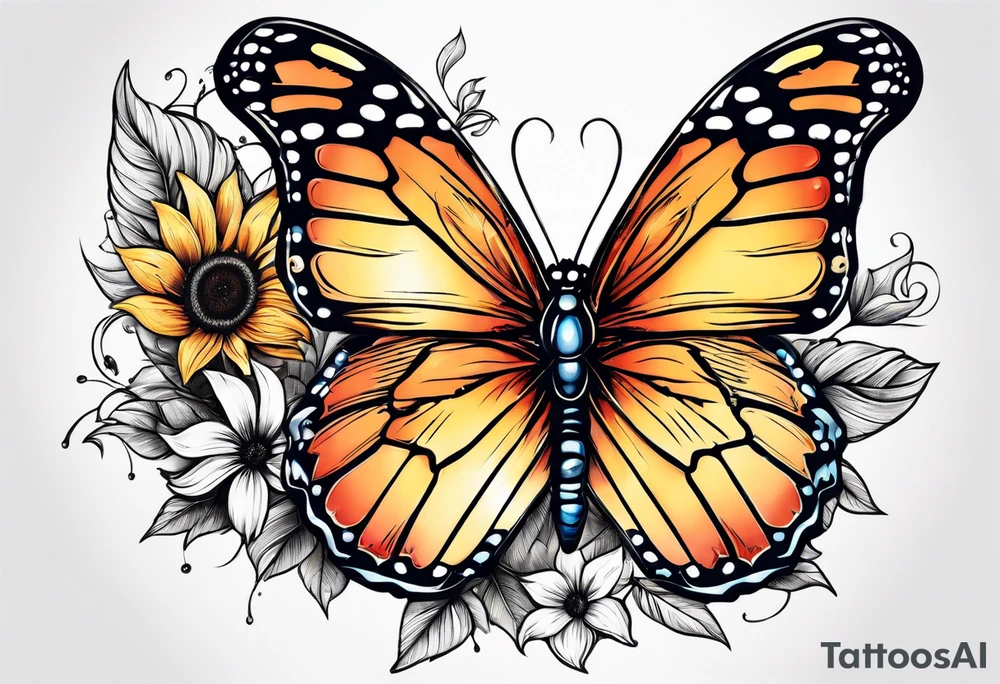 Half butterfly half sunflower tattoo idea