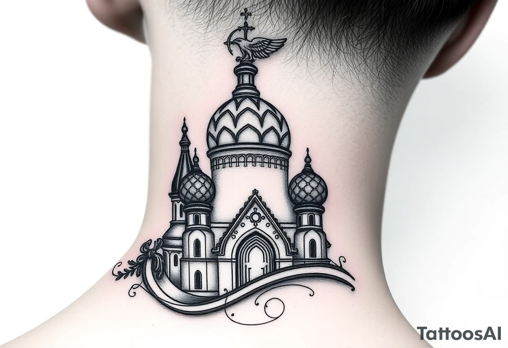 Flowing Scene

A onion domes orthodox church
Virgin Mary in prayer pose wrapping around the lower neck curve
A small double headed russian coat of arms eagle or just the star tucked above the dome near the hairline tattoo idea