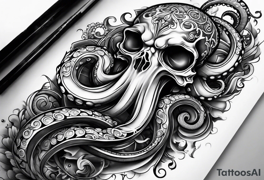 Full arm sleeve , octopus and bicycle parts tattoo idea
