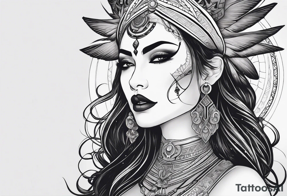 kali ma, alien goddess, valkrye, aries, pirate, divine feminine, zenza resonance, pachamama, lotus azul, blank panther, eagle, skull, 5D, nueva gaya, dna 12, left side chest tatoo tattoo idea