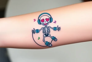 Cute smiley skeleton with heart shape eyes  jumping on a jump rope with both hands blue headphones blue armbands blue sneakers and colorful  music notes around his head tattoo idea