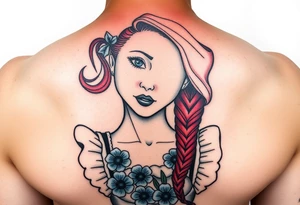 Traditional pin up girl with red hair and blue eyes and wearing a milkmaid maid style dress with blue flowers tattoo idea