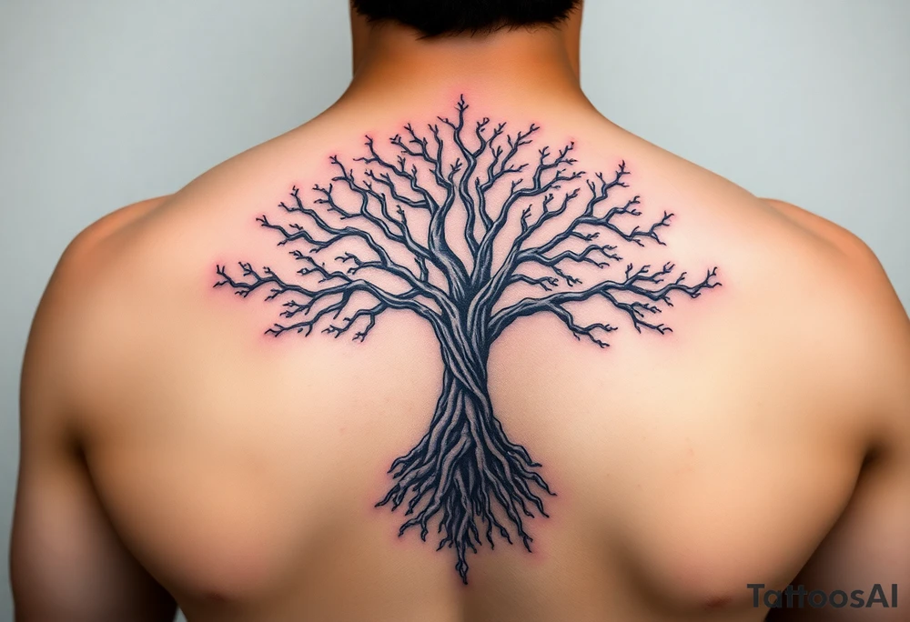 mystical tree of life with cosmic roots and celestial branches tattoo idea