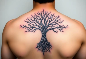 mystical tree of life with cosmic roots and celestial branches tattoo idea