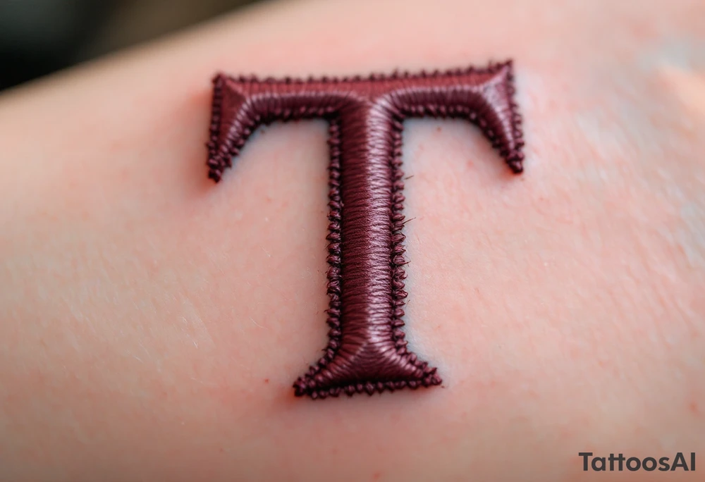 A stitched "T" in burgundy red, designed like embroidery on skin. tattoo idea