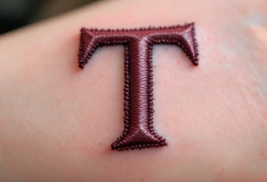 A stitched "T" in burgundy red, designed like embroidery on skin. tattoo idea