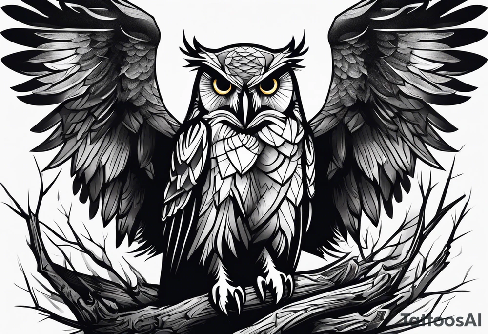 Owl, raven, eagle cuddled in a nest, looking down into the nest tattoo idea