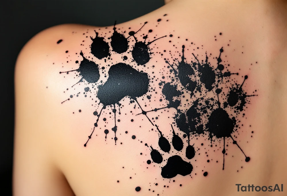 Ink-Splattered Paw Prints – Black paw prints with chaotic ink splashes around them, looking like a cat jumped across your skin while painting. tattoo idea