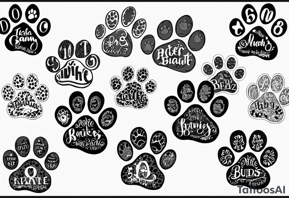 seven dog paw prints one for each of my dogs. indclude one dog's name on each paw print. the names are Tasha Katie Kiera Zeke Pixie Bud and Bear. tattoo idea