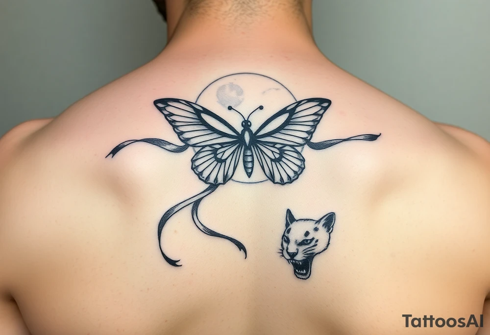 ethereal butterfly with flowing silk ribbons in moonlight with panther tattoo idea