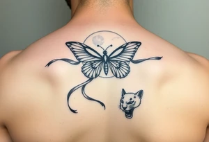 ethereal butterfly with flowing silk ribbons in moonlight with panther tattoo idea