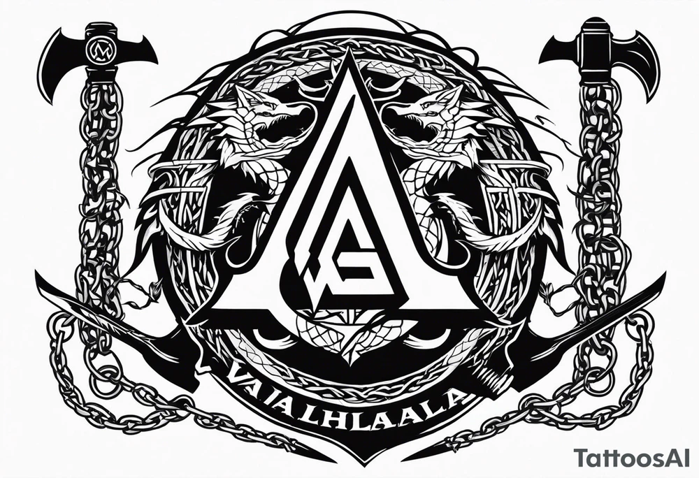 Valhalla sword shield dragon axe Valknut barbed wire chains tattoo idea Valhalla sword shield dragon axe Valknut barbed wire chains tattoo idea