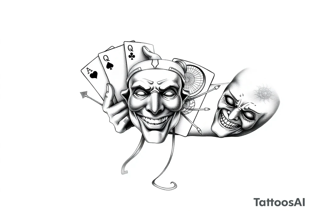 5 card hand,  Gemini twins, and a happy mask getting pulled off tattoo idea