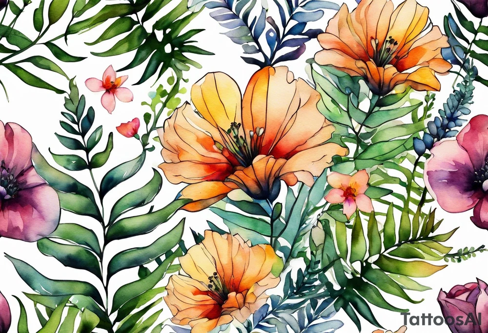 Three wild flowers with ferns all watercolor tattoo idea