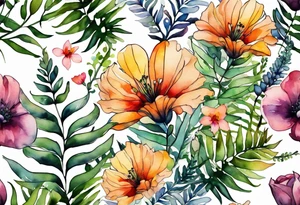 Three wild flowers with ferns all watercolor tattoo idea