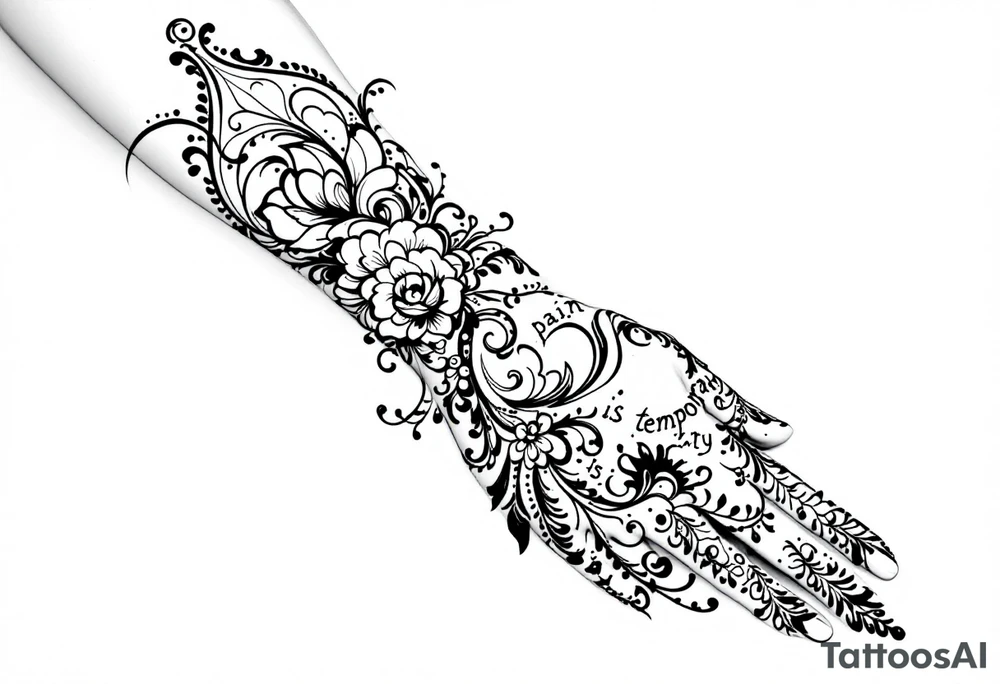 Indian style Henna tattoo for the inner wrist including words pain is temporary and make it taller than it is wide and have it flowing tattoo idea