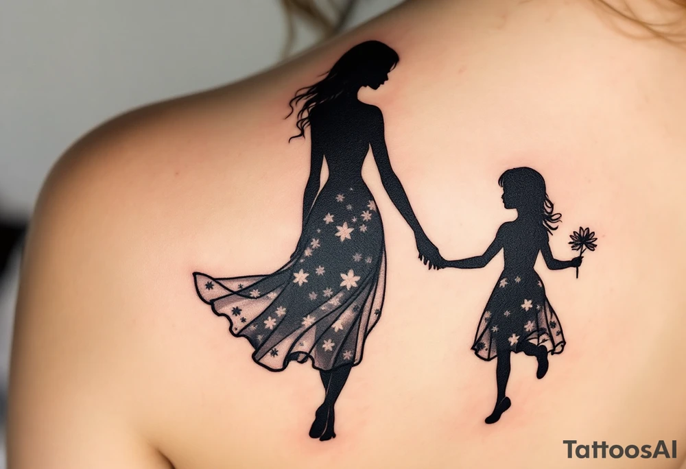 A black silhouette of a mother and young daughter walking hand in hand, the daughter holding a flower, with soft gray shading to suggest a sunset background. tattoo idea