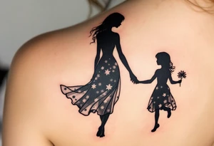 A black silhouette of a mother and young daughter walking hand in hand, the daughter holding a flower, with soft gray shading to suggest a sunset background. tattoo idea