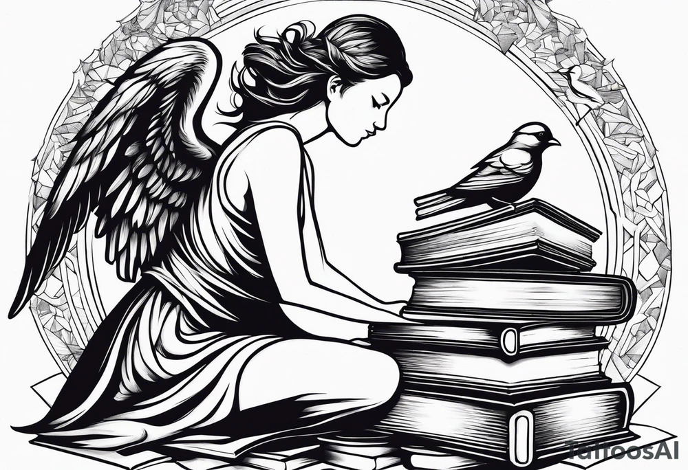 Angel kneeling next to open stack of books with bird silhouettes flying out of the book. tattoo idea