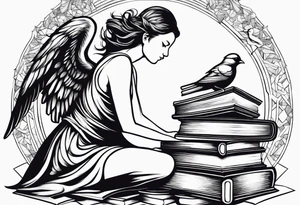 Angel kneeling next to open stack of books with bird silhouettes flying out of the book. tattoo idea