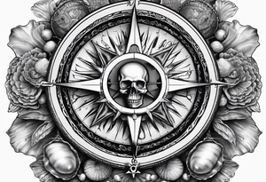 Compass, oyster with pearl, shells, starfish, skull tattoo idea