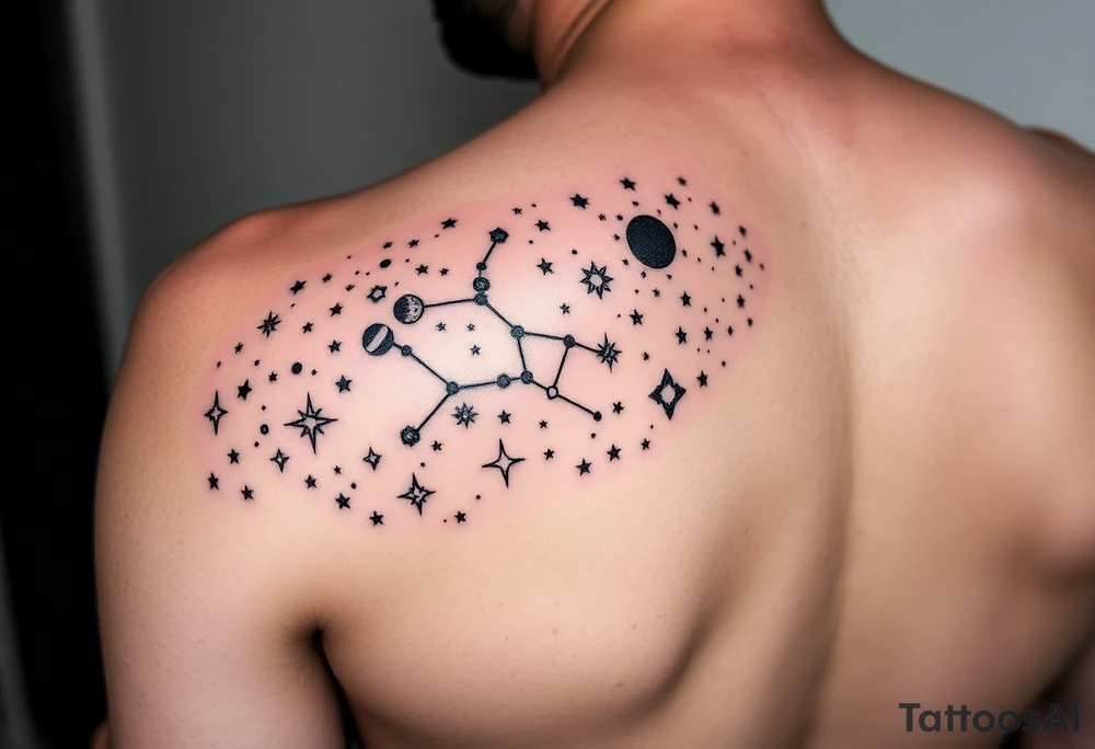 Give me a nighttime constellation tattoo with 10 different variances of stars of 40 stars, and additional cosmo items e.g. planets, etc.

It should fit on the left shoulder blade about 6 inches across and 4 high tattoo idea