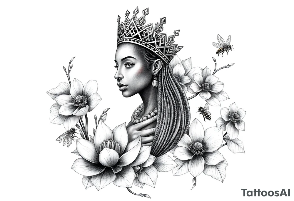 African Queen,  lotus flowers surrounding,  bees tattoo idea