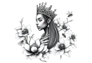 African Queen,  lotus flowers surrounding,  bees tattoo idea