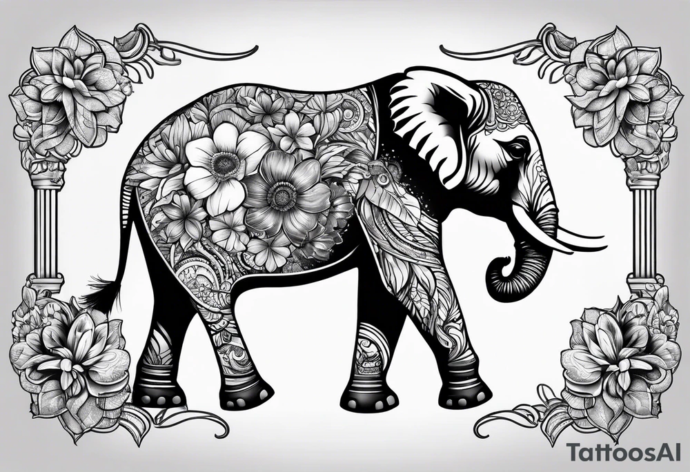 elephant with flowers tattoo idea