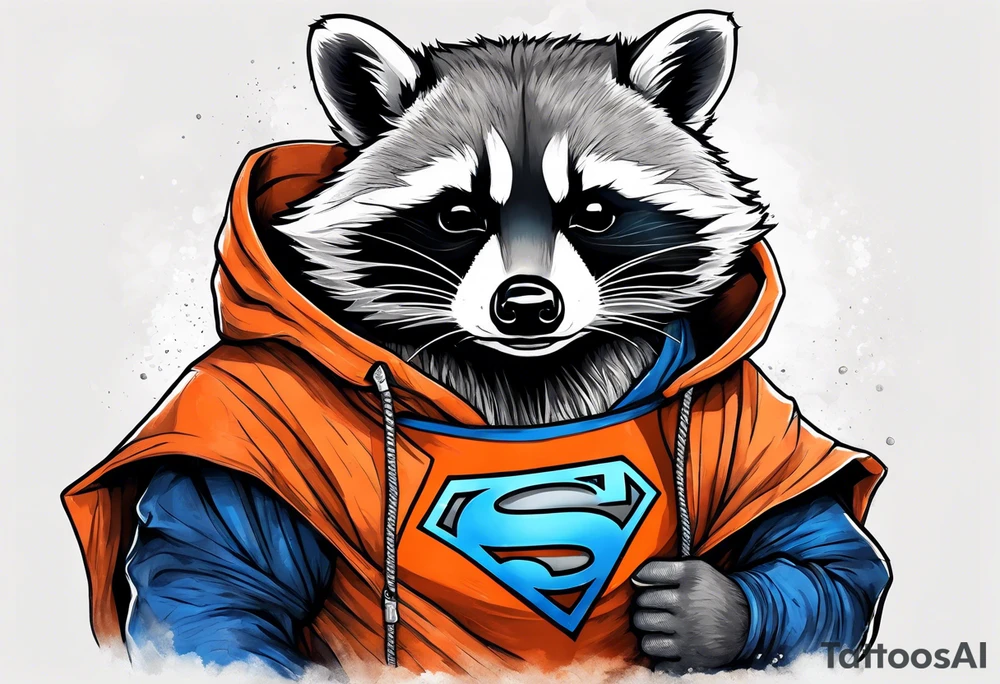 Raccoon wearing an orange Superman hoodie tattoo idea