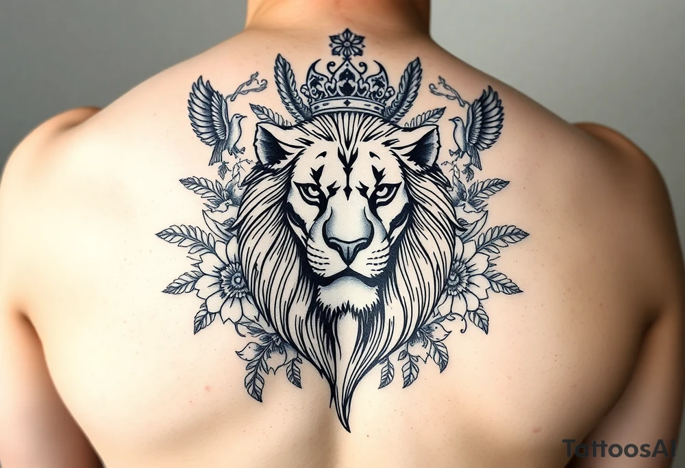 powerful majestic lion with a crown, surrounded by floral ornaments and birds tattoo idea