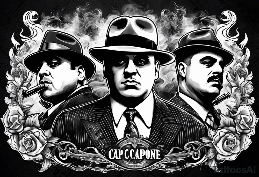 group of gangsters including Al Capone with machine guns surrounded by smoke and fire tattoo idea