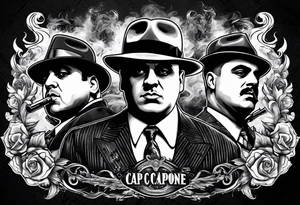 group of gangsters including Al Capone with machine guns surrounded by smoke and fire tattoo idea