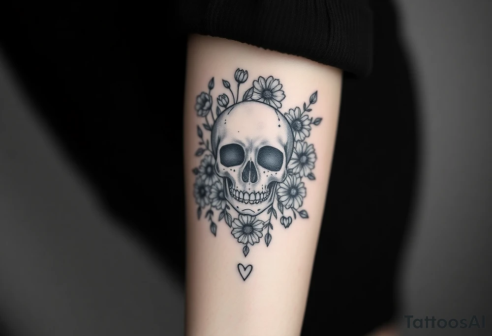 Pretty skull surrounded by wildflowers and hearts tattoo idea