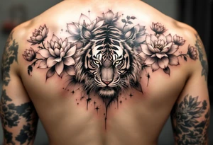 fierce tiger emerging through blooming lotus flowers in mist tattoo idea