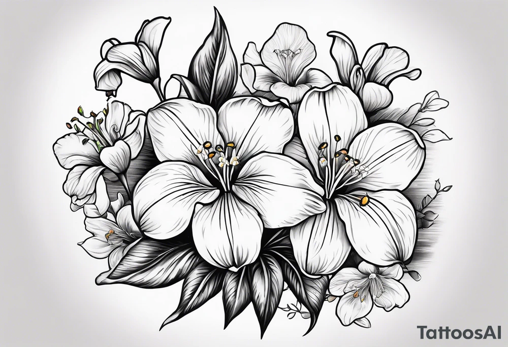 i want a bouquet of flowers that include a snowdrop, iris, cherry blossom, daisy and morning glory tattoo idea