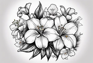i want a bouquet of flowers that include a snowdrop, iris, cherry blossom, daisy and morning glory tattoo idea