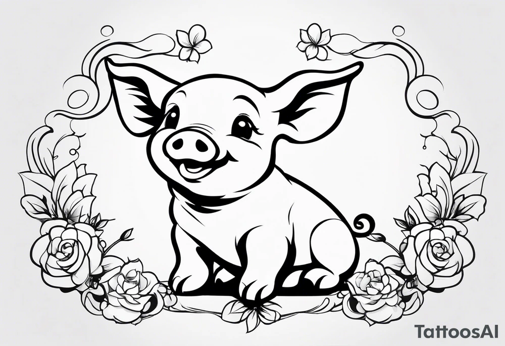 very cute happy piglet with small ears.
outline only.
black and white only.
only show the piglet. no extra lines or decoration.
no black shading.
draw only with very thin lines (1px)

should look like a tattoo that will only take 2 minutes to draw tattoo idea