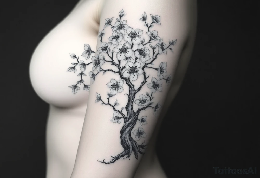 Body of a woman as the trunk forming a blossoming peach tree with morning glories & cosmo flowers small underneath tattoo idea