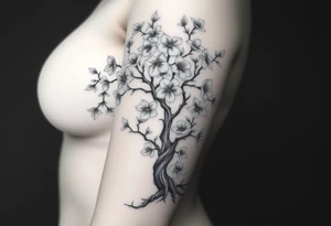 Body of a woman as the trunk forming a blossoming peach tree with morning glories & cosmo flowers small underneath tattoo idea