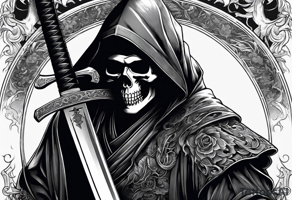 katana with grim reaper and skull tattoo idea