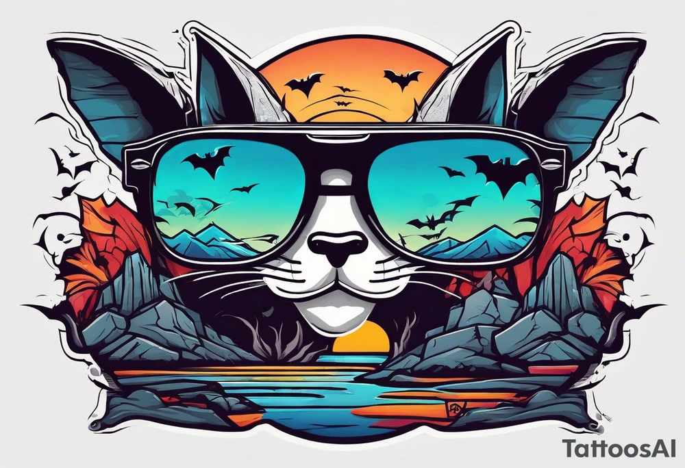 Colorful hieroglyph wearing sunglasses with bats water and cave tattoo idea